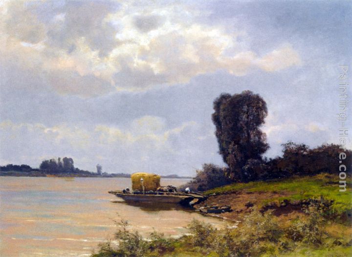Louis Apol A Ferry In A Summer Landscape